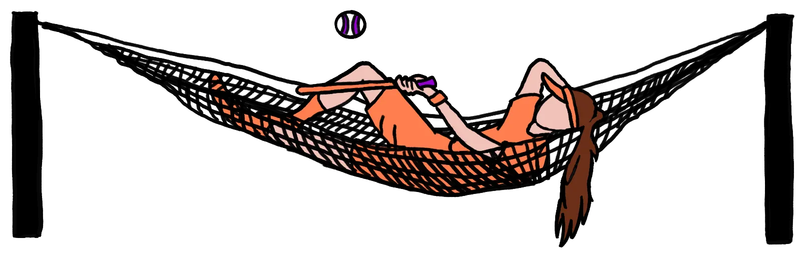 Gezeichnete Spielerin in Orange, die mit ihrem Schläger entspannt in einer Hängematte aus Netz zwischen zwei Pfosten liegt, darüber ein Ball
