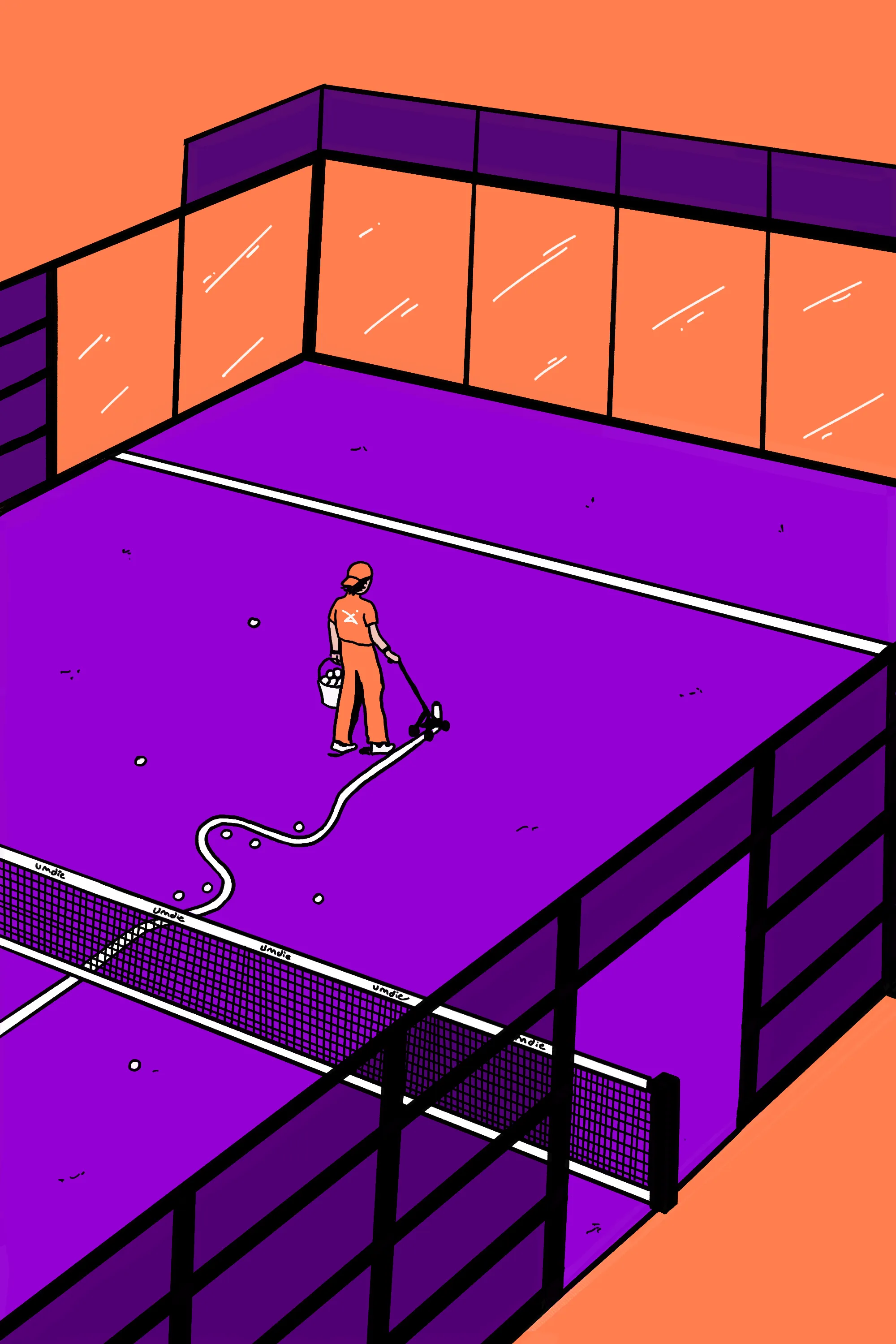 Gezeichnete Person in Orange mit Ballkorb, die auf einem violetten Padelplatz mit einem Linienwagen eine weiße Linie zieht, dahinter Glaswände, vorne das Netz