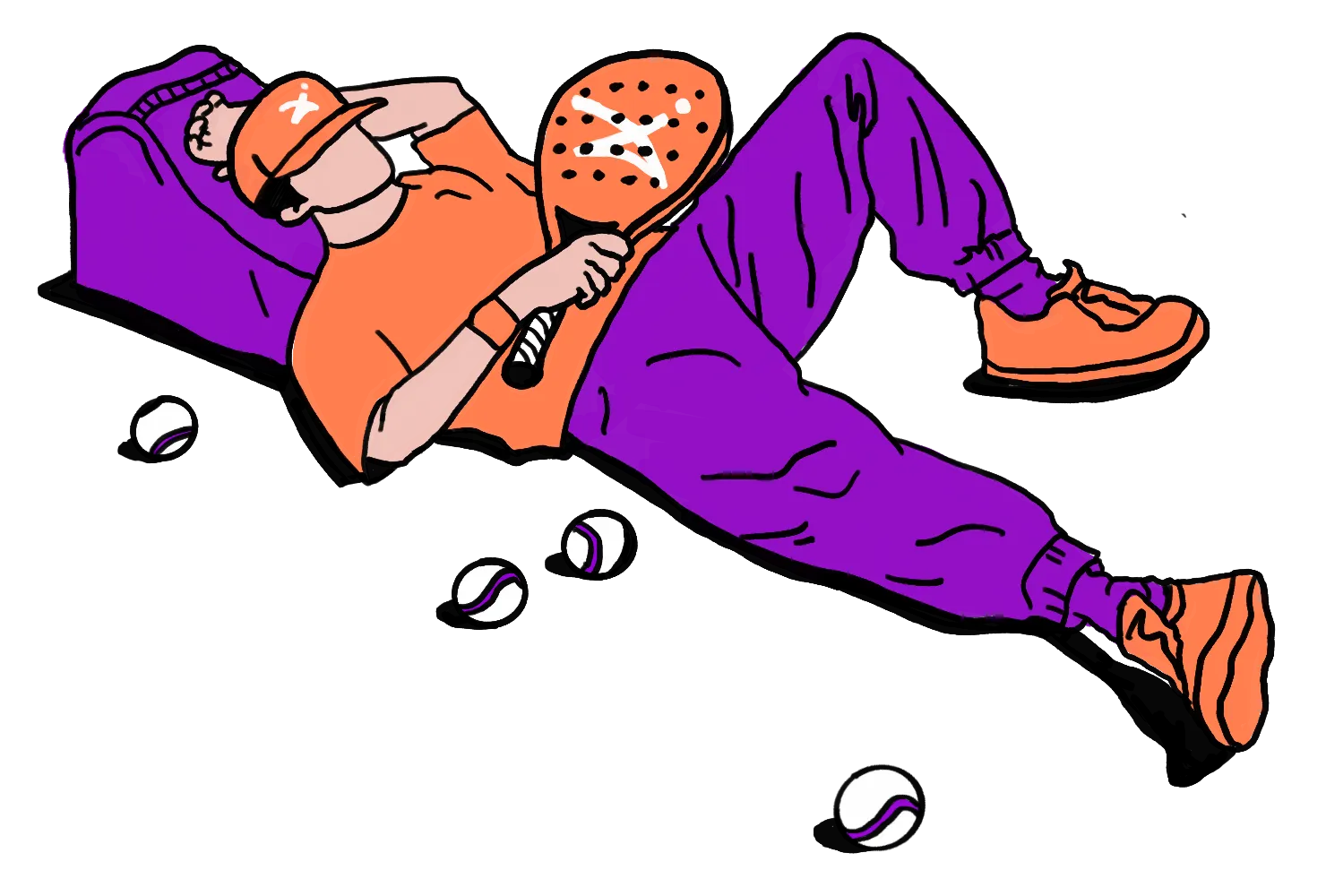 Gezeichneter Spieler, entspannt auf einem violetten Kissen liegend, den Schläger auf der Brust, Bälle daneben
