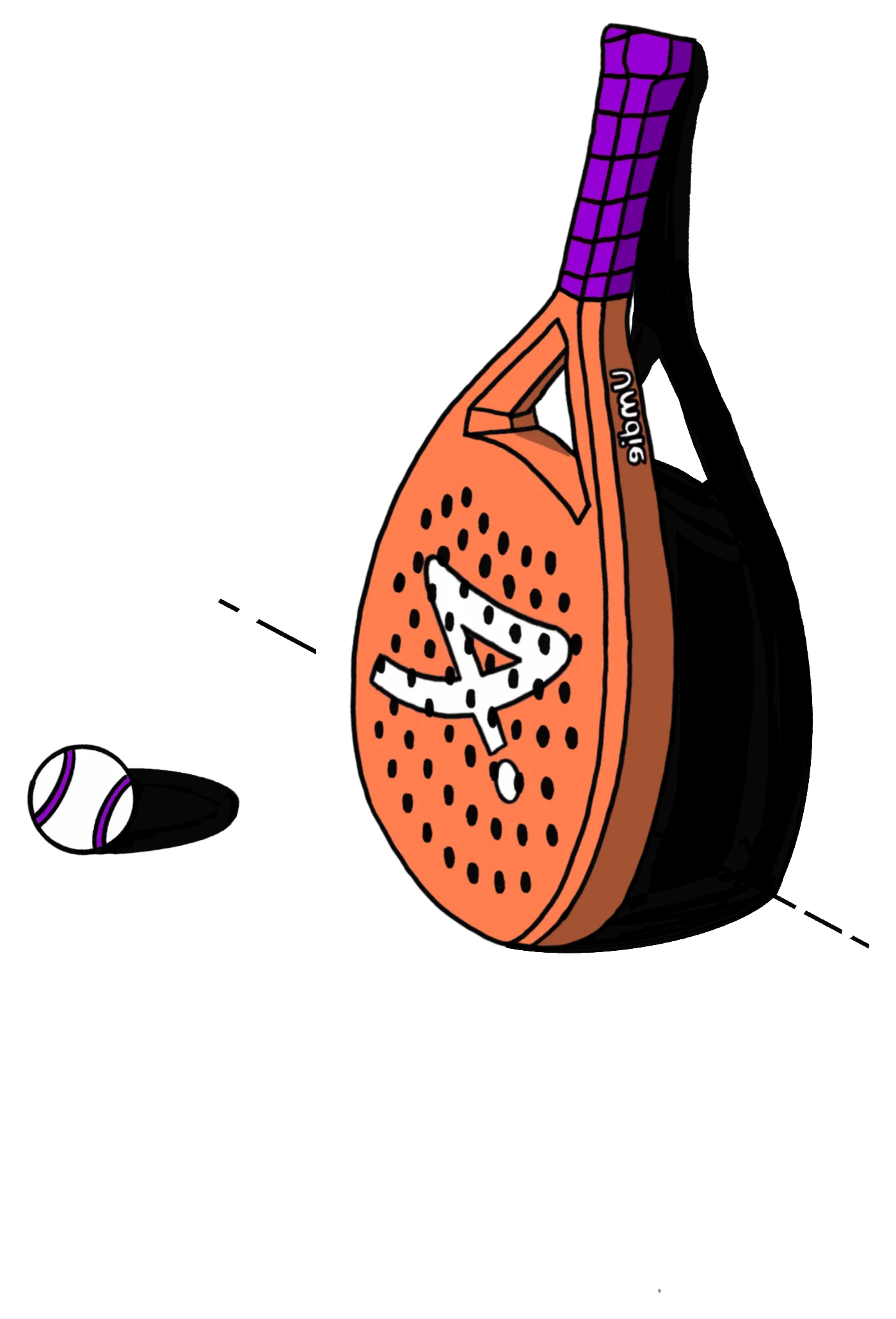 Gezeichneter Padelschläger, aufrecht stehend, daneben ein Ball