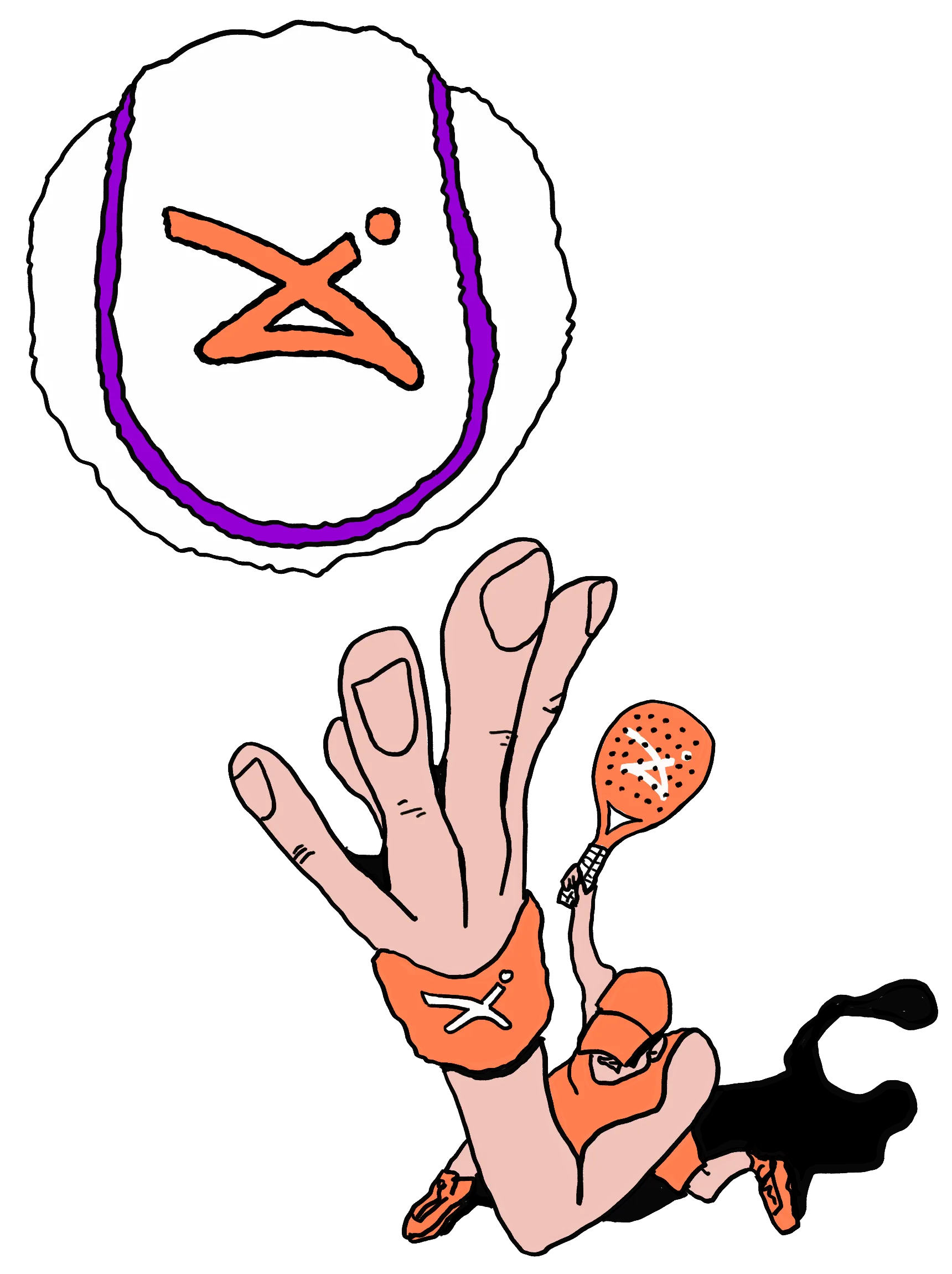 Gezeichnete Hand mit Schläger, darüber ein Ball in einer Gedankenblase